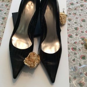 Black Faux Croc Pointed Toe Heel Pump